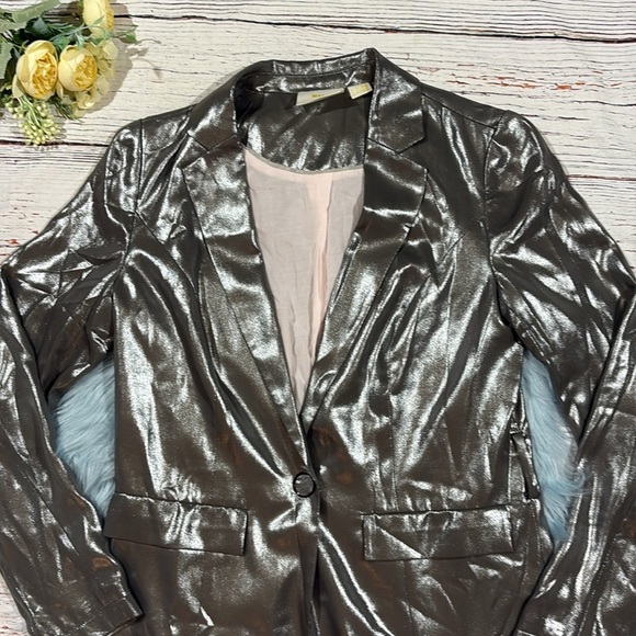 Anthropologie Maeve Zada Silver Metallic Dark Blazer Jacket - Picture 4 of 10